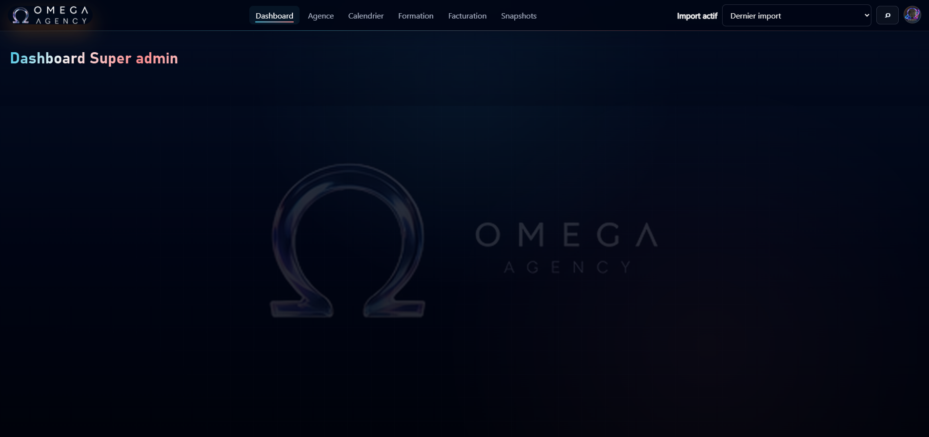 Interface de l'ERP Omega Agency avec les modules Dashboard, Agence, Calendrier, Formation, Facturation et Snapshots
